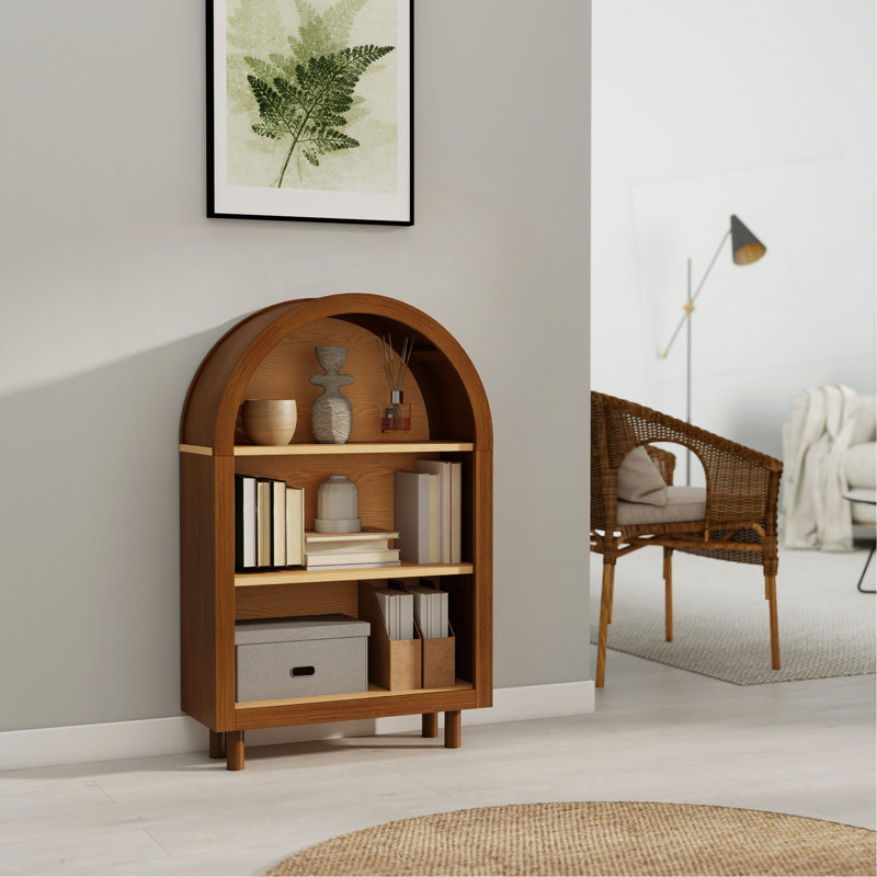 Petite bibliothèque arquée, armoire de rangement arquée, bibliothèque moderne arquée en bois de noyer avec 3 tablettes, étagère de rangement à 3 niveaux avec finition vernie pour le salon, la chambre à coucher et le vestibule