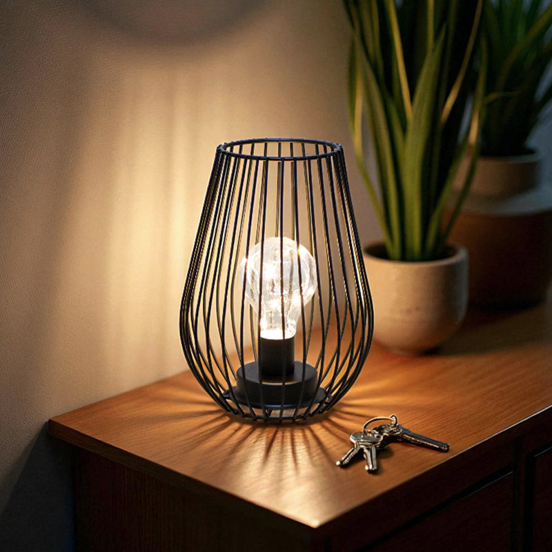 Metal Cordless Table Lamp Cage Shape Battery Operated Lamp with Warm Fairy Lights Bulb, Black