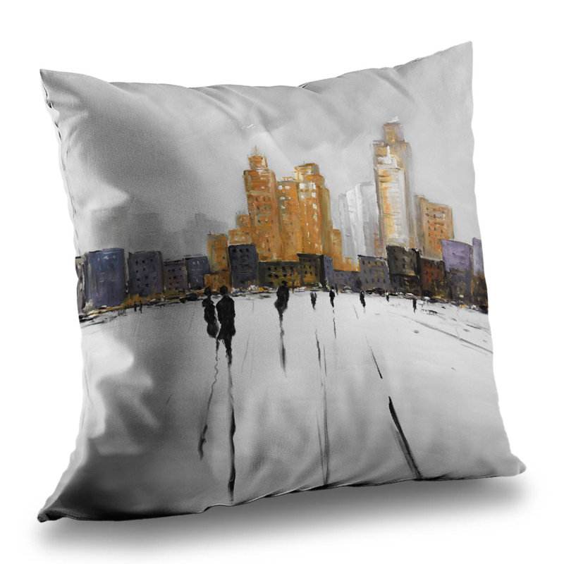 Silhouettes Walking Towards the City - Gray Cities Throw Pillow – Poly Twill Throw Pillow with Insert, Double-Sided Print