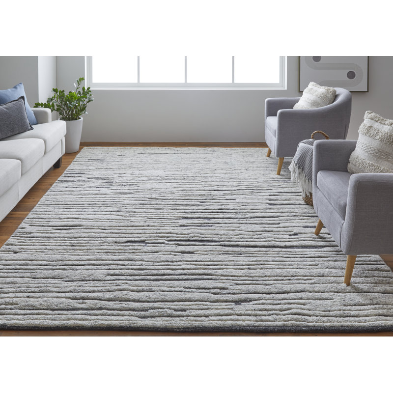 Broadfield Striped Hand-Knotted Wool Area Rug in Ivory, Rectangle 2' x 3'