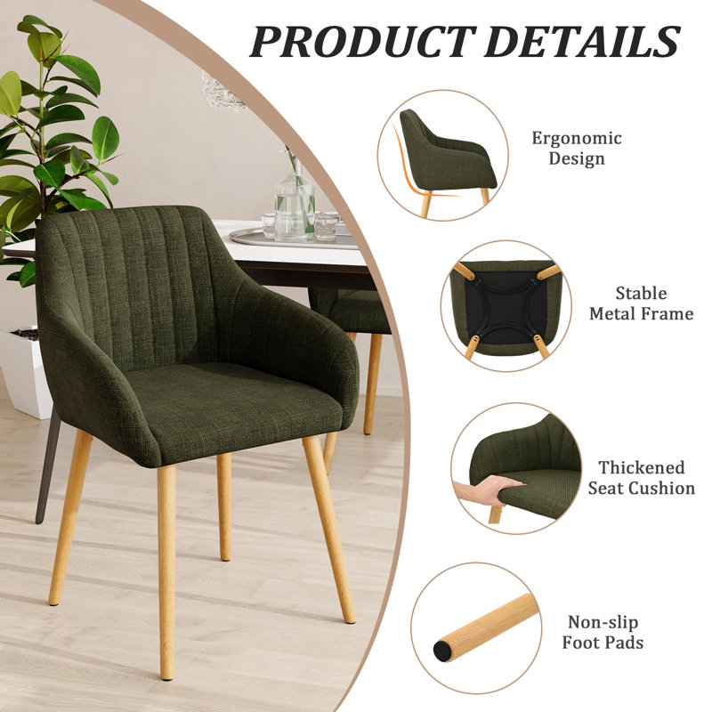 49.5cm H Upholstered Dining Chairs With Wooden Legs, 4, Green Linen/Natural