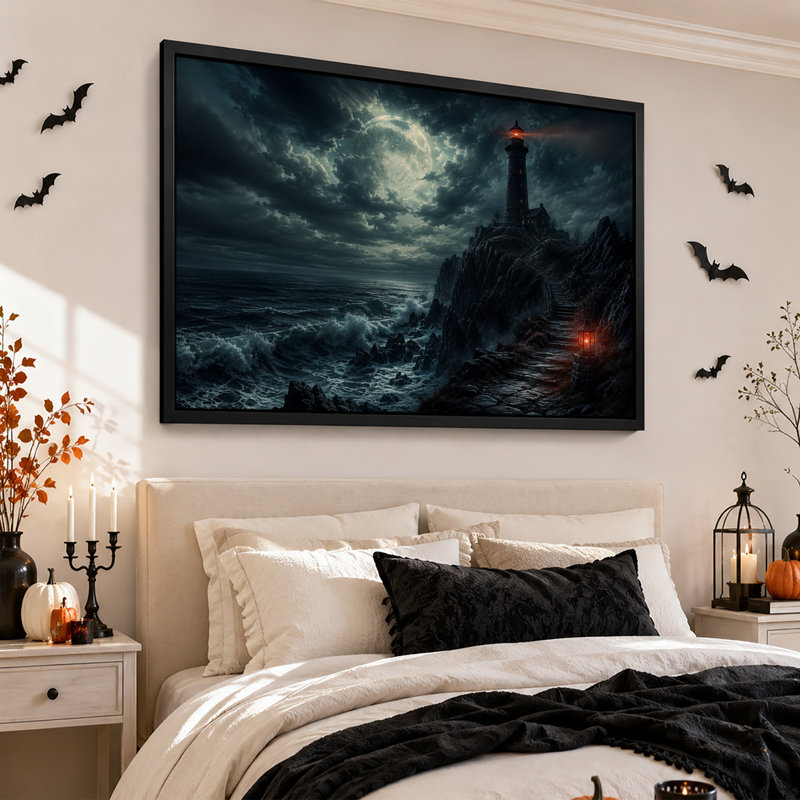 Art sur toile, "Phare sur une falaise rocheuse sous la pleine lune", H 12 po x l 18 po