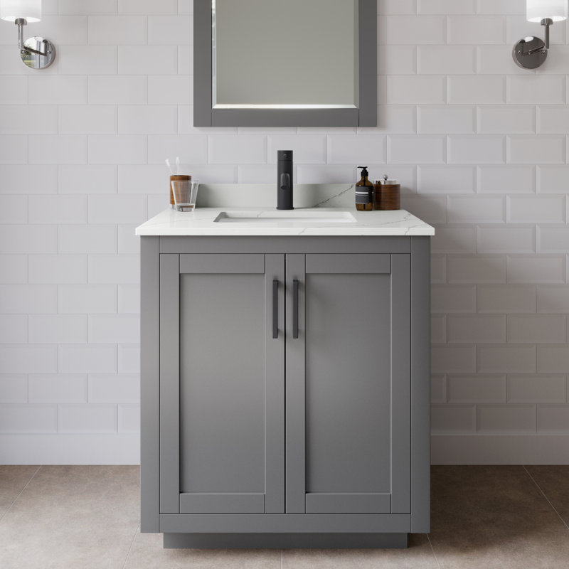 Meuble-lavabo simple autoportant de 30 po avec plateau en quartz Miranda, Giotto Quartz, Gris foncé, Noir mat