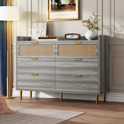 Commode de 47,2 po de large pour chambre à coucher, 6 tiroirs, commode en bois de rotin avec plateau large pour télé