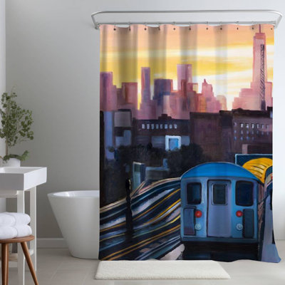 Contemporary Blue – Sunset Over Subway NYC – Polyester Shower Curtain, Dye Sublimation Print, 71" W × 74" L