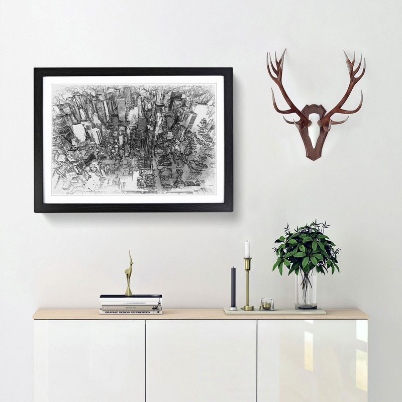 Birds Eye View of New York City in Abstract - Picture Frame Graphic Art Print, 27cm H x 36cm W x 2cm D, Black Framed