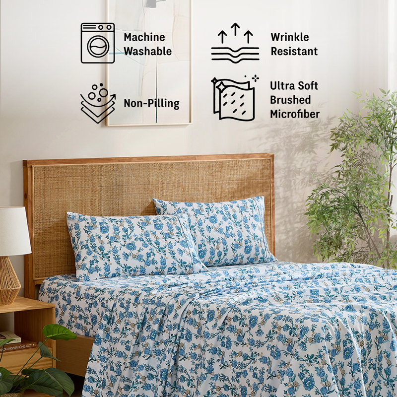 HLC.ME Ditsy Printed Floral Bed Sheets - 3 Piece Patterned Bed Sheet Set - Wrinkle Resistant &  Soft - Fits Mattresses Up To 15 Inches Deep (Twin, Blue)