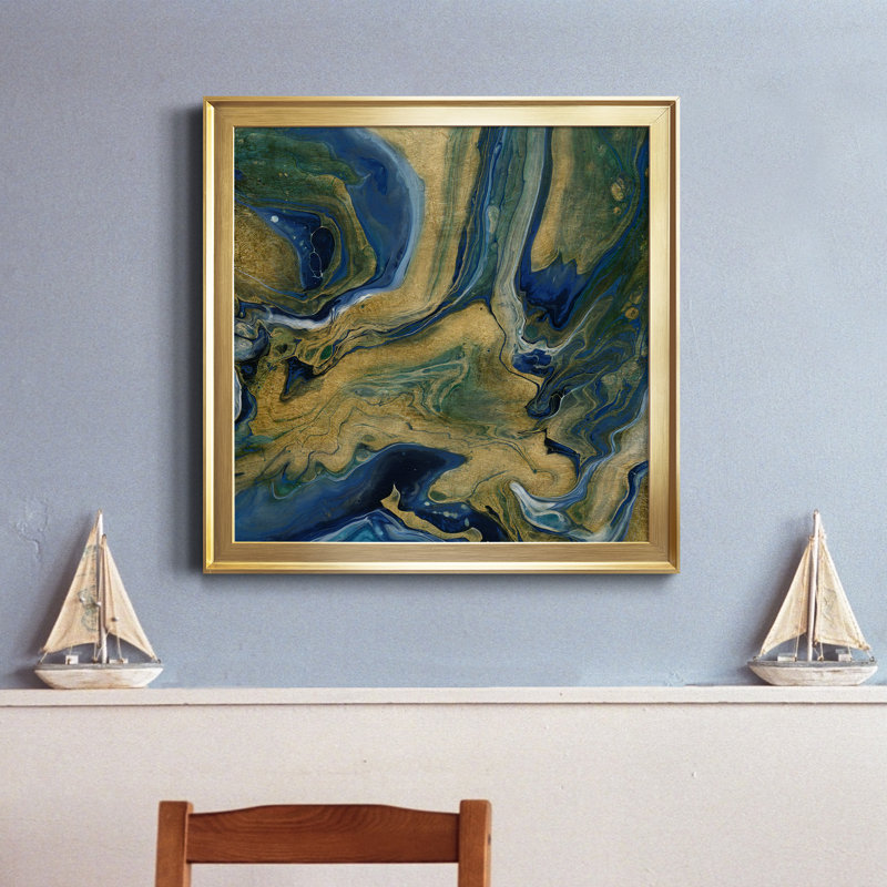 Golden Sea - peinture sur toile encadrée, H 34,5 po x l 34,5 po x P 1,5 po, Toile avec cadre or