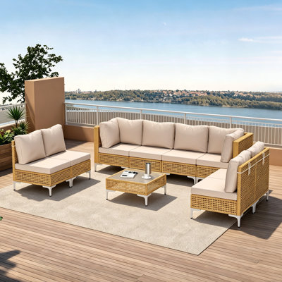 9 Piece Outdoor Patio Furniture Set, Wicker Sectional Sofa Set With Thick Cushions and Glass Coffee Table For Backyard & Garden