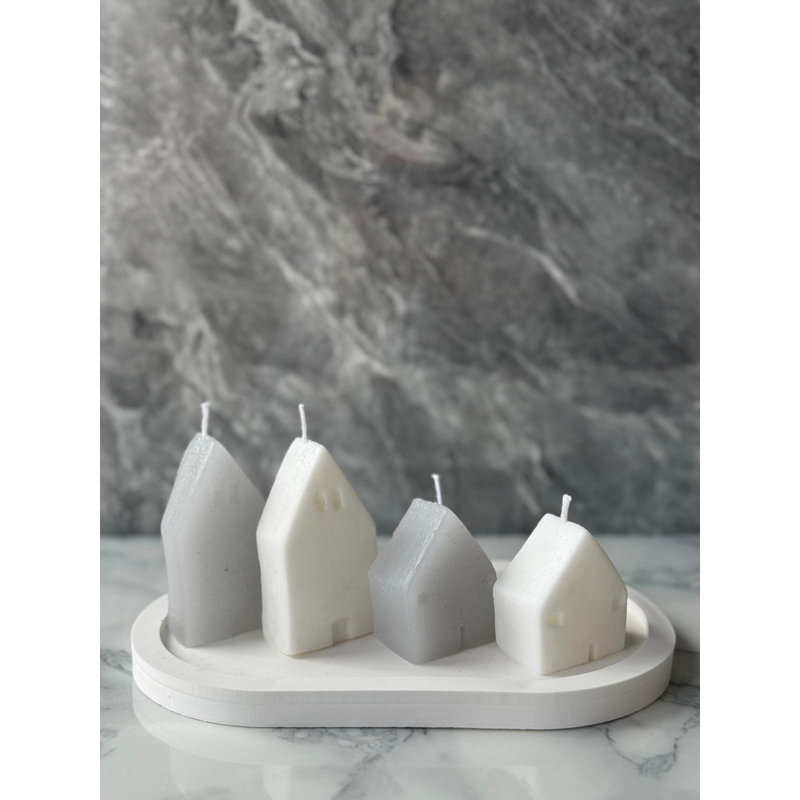 Ensemble de bougies élégantes 5 pièces, supports en béton blanc avec bougies de soja | Comprend 2 bougies (2,4 x 2,0 x 1,2 po) et 2 bougies (2,8 x 2,0 x 1,2 po) + assiette décorative (7,1 x 3,5 x 0,8 po) | Parfait pour la décoration intérieure et l