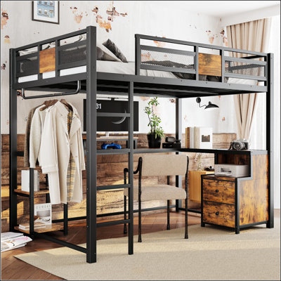 Lit mezzanine double avec bureau, rangement et tiroirs en tissu non tissé, structure en métal, silencieux, sans sommier, noir