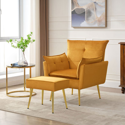 Fauteuil en velours capitonné avec repose-pieds Vaishal
