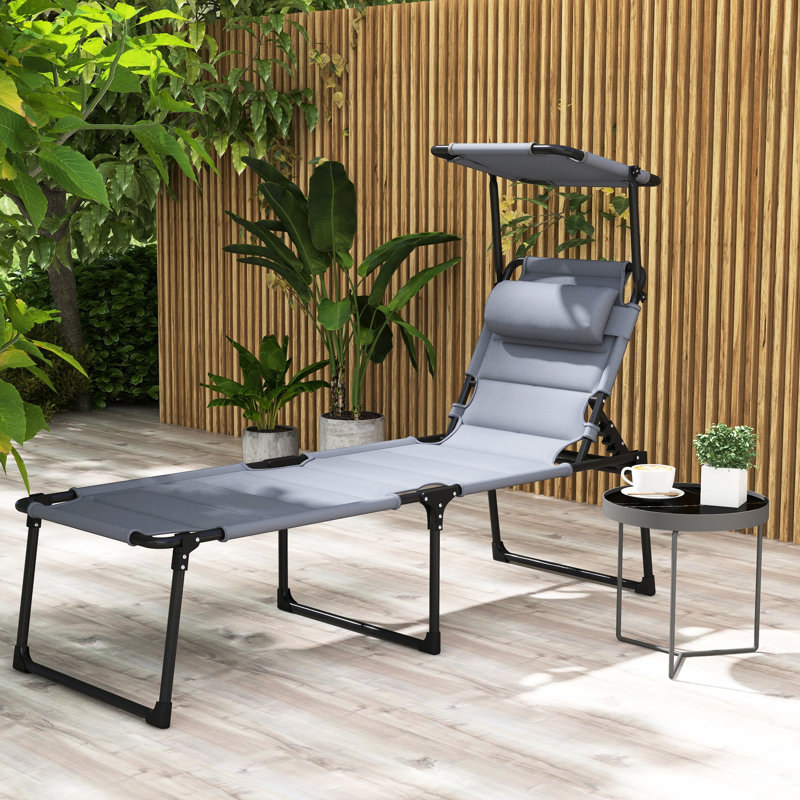 Patio Chair With Adjustable And Sunshade, Folding Chaise Lounge, Gray For Comfortable Seating Hiking Sun Chair, Lounge Outdoor Fun