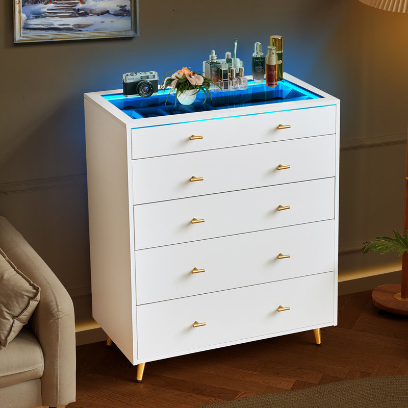 Commode blanche à 5 tiroirs avec éclairage à DEL et plateau en verre trempé, commode haute pour rangement de chambre à coucher ou d'îlot de garde-robe avec rangement pour bijoux