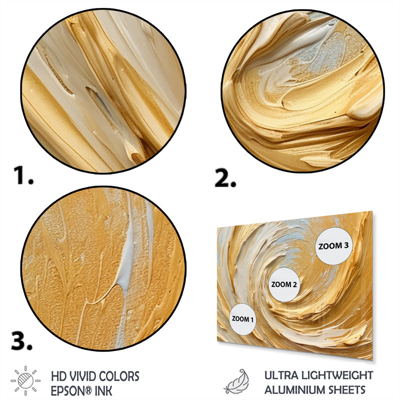 «Gold Cream Infinite Swirls II», reproduction abstraite de spirales sur métal, H 12 po x l 20 po