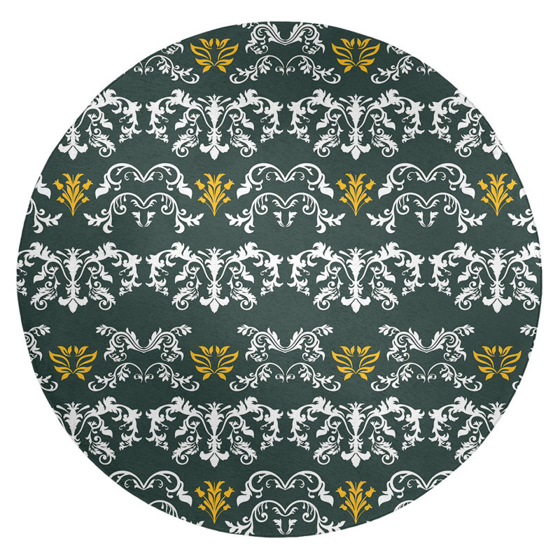 Tapis rond rond damassé à motif baroque vert