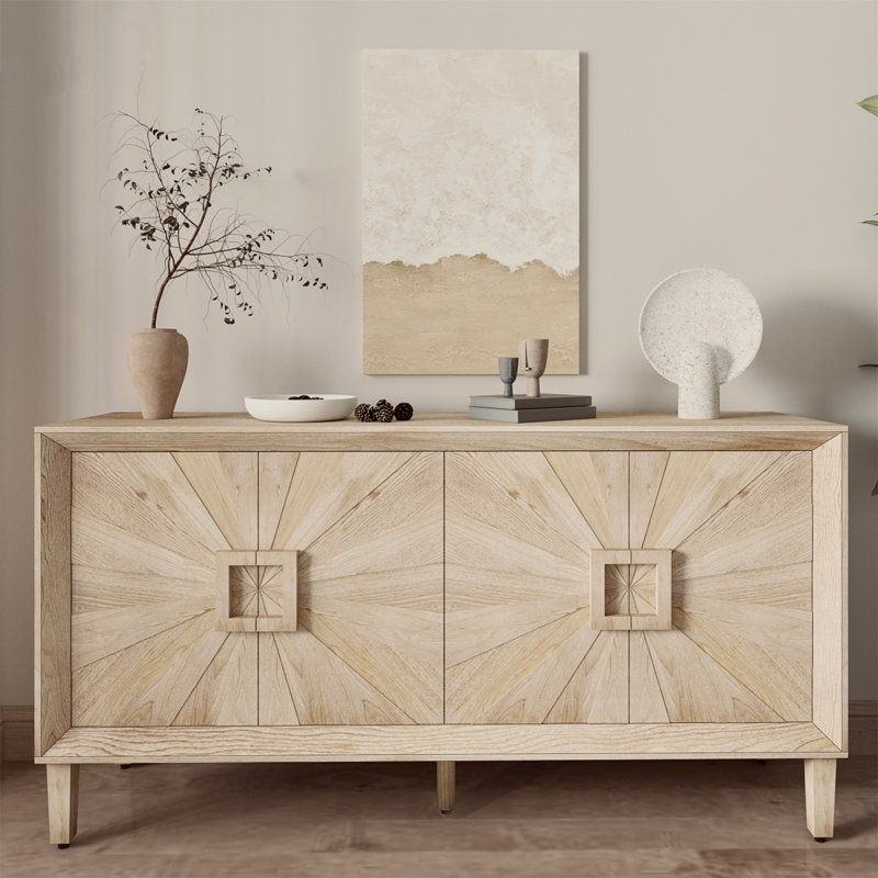 60'' Premium Rustic American Farmhouse Credenza - Symmetrical Sunburst Door Design, Antique Natural
