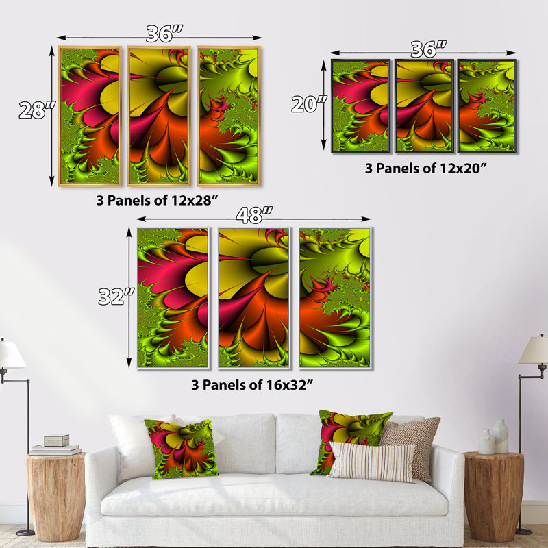 «Green and Red Abstract Digital Flowers», reproduction de cadre flottant sur toile, 3 pièces, H 28 po x l 36 po x P 1 po