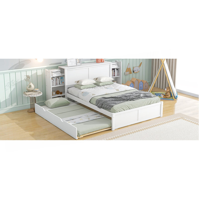 Lit plateforme double avec rangement et tablettes gigognes, blanc, Full