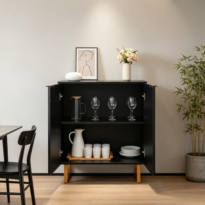 33.8" H X 29.9" W Modern Black Fluted 2-Door Sideboard Buffet Cabinet