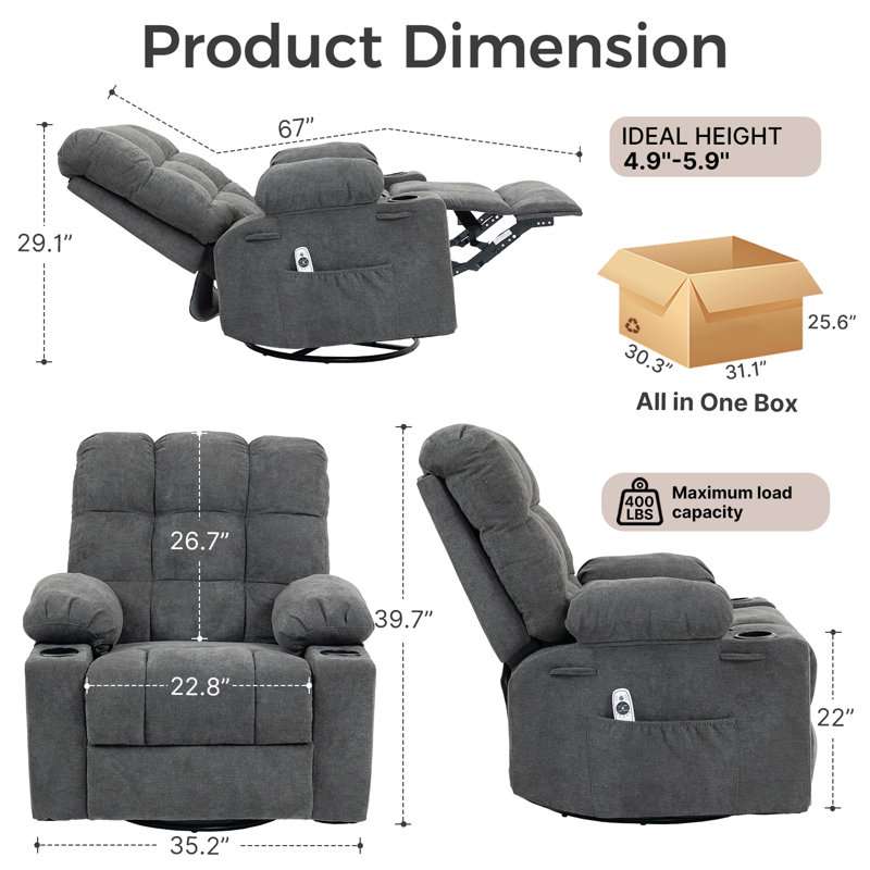 Oversized tuffed Heated Massage Swivel Rocker Recliner with Cup Holders (Dark Gray), Dark Gray