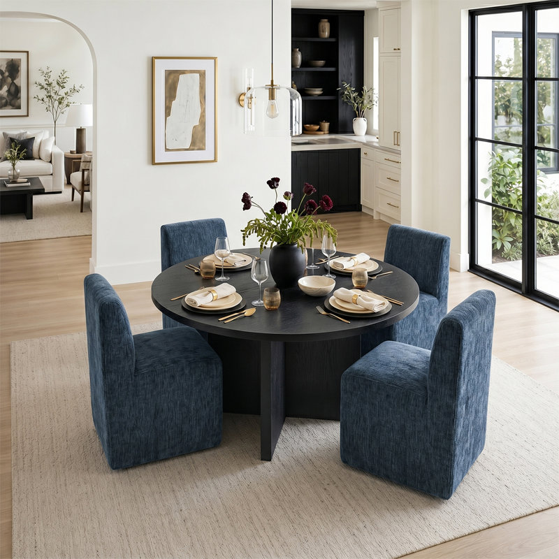 Ensemble de salle à manger rond de 5 pièces avec 4 chaises rembourrées entièrement assemblées sur roulettes, Bleu