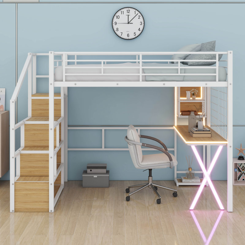 Lit mezzanine double avec bureau et escalier de rangement, lit mezzanine en métal avec éclairage DEL, lit mezzanine haut avec garde-robe et tablettes