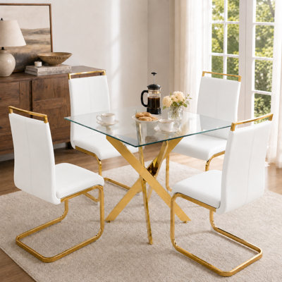 5-Piece Modern Square Glass Dining Set with Geometric Frame and Cantilever Chairs