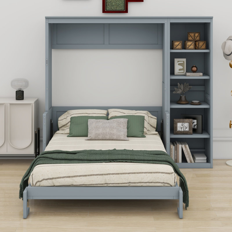 Lit escamotable avec bureau et bibliothèque Murphy, Gris, Double