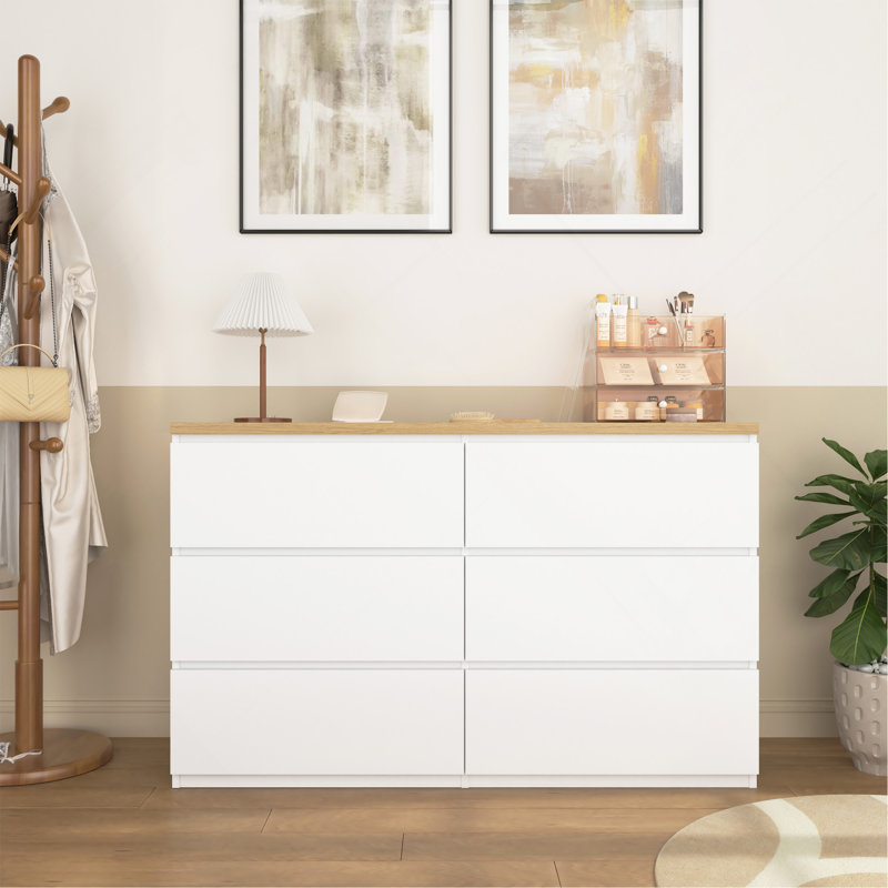 Armoire de rangement 6 tiroirs, commode, tour de rangement en bois, grande commode à 6 tiroirs, Blanc/naturel