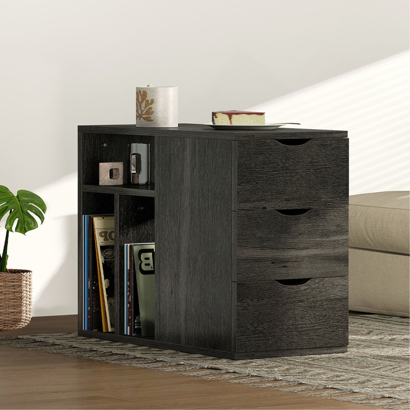 Table de bout étroite à 3 tiroirs Vividwood, table d'appoint en bois avec tablettes de rangement pour le salon, table de chevet mince pour la chambre à coucher (noir)