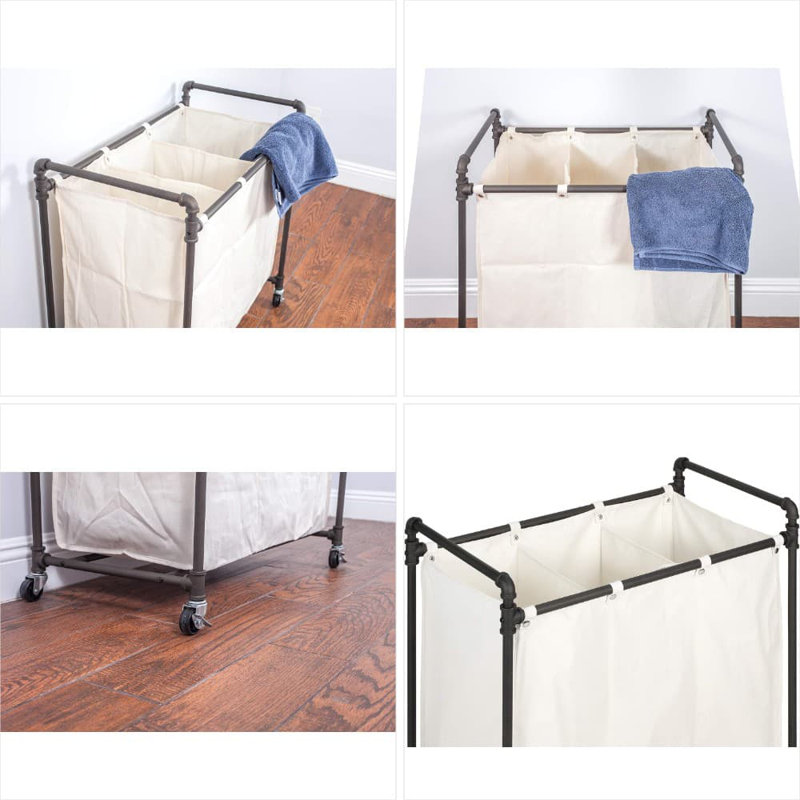 Trieur à linge à 3 sections avec sacs amovibles, structure en acier robuste, roues verrouillables pour faciliter le tri et l'organisation