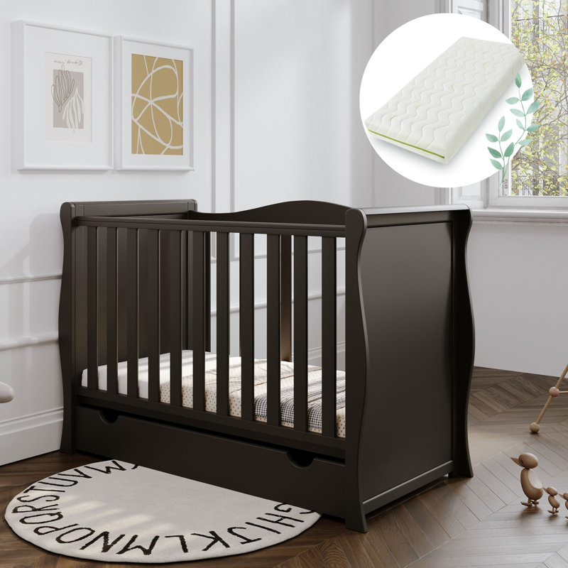 Willow Sleigh Mini Cot Bed Black With Drawer And Bamboo Mattress 