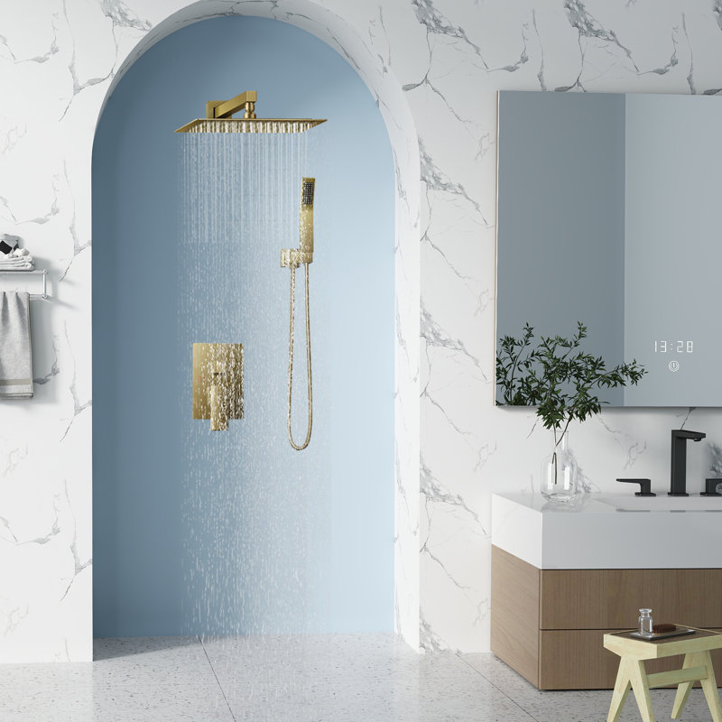 FORIOUS 10-Inch Rainfall Shower System with Handheld Spray and Pressure-Balanced Rough-In Valve, 1.8 GPM, Brushed Gold