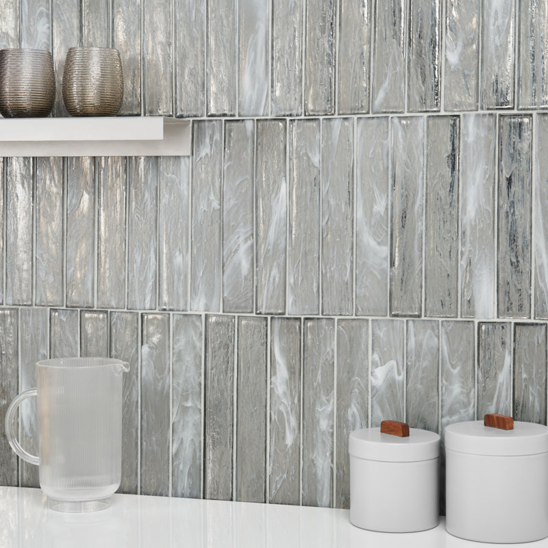 Carrelage mural en verre poli Fractal Brick 1,96 po x 11,81 po, gris