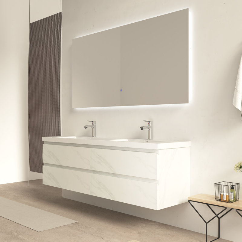 Meuble-lavabo mural double 72 po avec comptoir en pierre blanc brillant 72 po, 72"