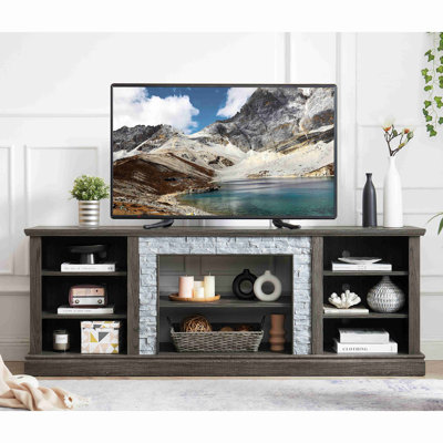 Large TV Stand TV Desk Storage Rack With Faux Stacked Stone Surround,Media Console Table With Large Storage Cabinet,Modern TV Media Entertaionment Stand