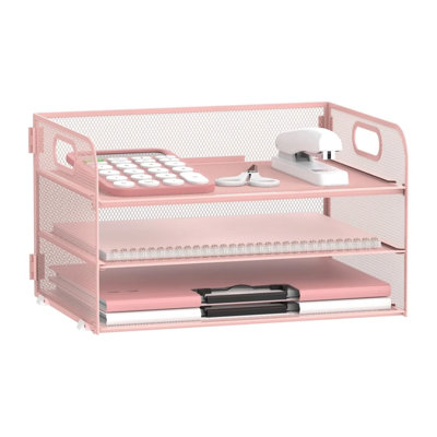 3 Tier Paper Tray Organizer, Mesh Desktop File Organizer With Handles