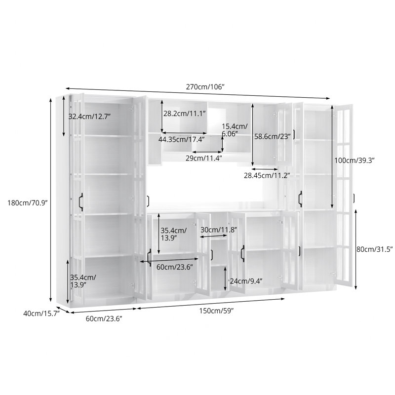  71"H X 106"W Library Bookcase With Slow Close Glass Doors,Adjustable Shelves,Modular Book Cabinet, White