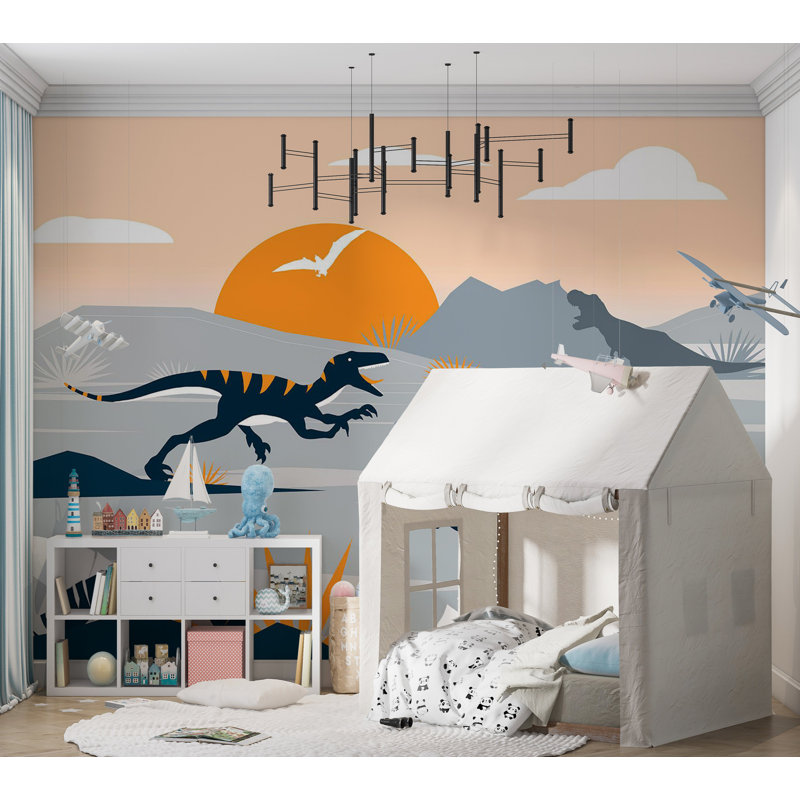 Papier peint pour enfants, paysage de dinosaures abstraits, L 41 po x l 59 po