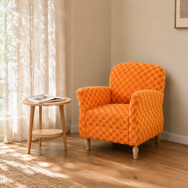 Chaise d'appoint rembourrée à carreaux avec pieds en bois massif, Orange