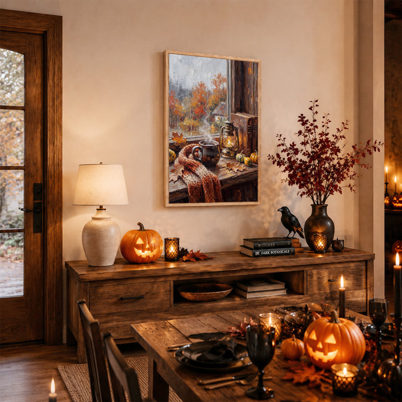 Scène d'automne à la fenêtre avec tasse fumante et lanterne - Toile murale d'Halloween, 48"H x 32"W