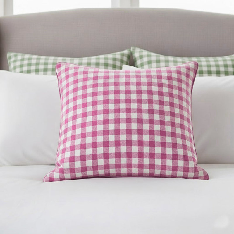 Gingham Pattern Euro Sham, White/Hot Pink, Square 26"
