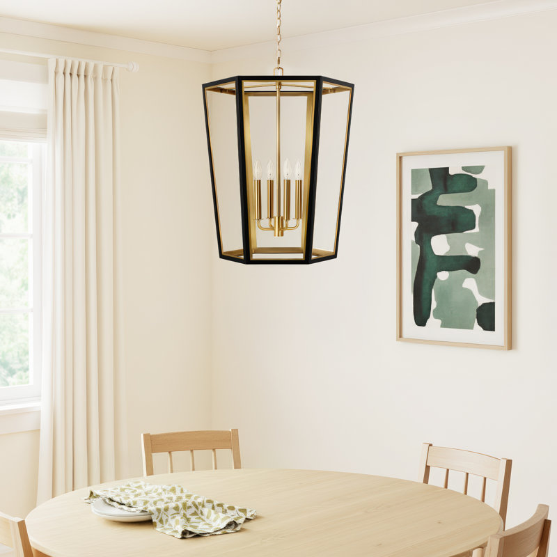 4 - Light Dimmable Lantern Geometric Chandelier, Midnight Black/Burnished Brass