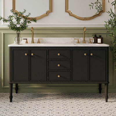 Ensemble de meuble-lavabo simple 60 po avec dessus évier Mable, dosseret, pieds en bois massif et panneaux de grain de bois 60 po