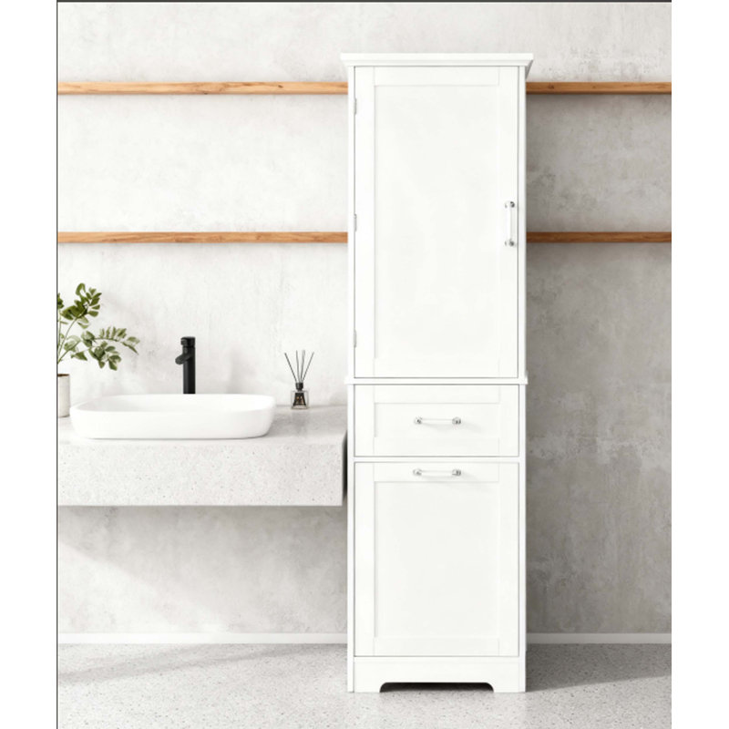 Grande armoire de rangement pour salle de bain avec tablette réglable et deux tiroirs, panneau de fibres à densité moyenne autoportant, finition blanche pour les salles de bain modernes