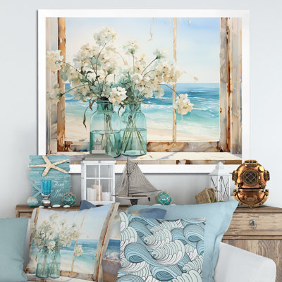 Blue Window Beachfront View Blooms I - Coastal Windows Wall Art