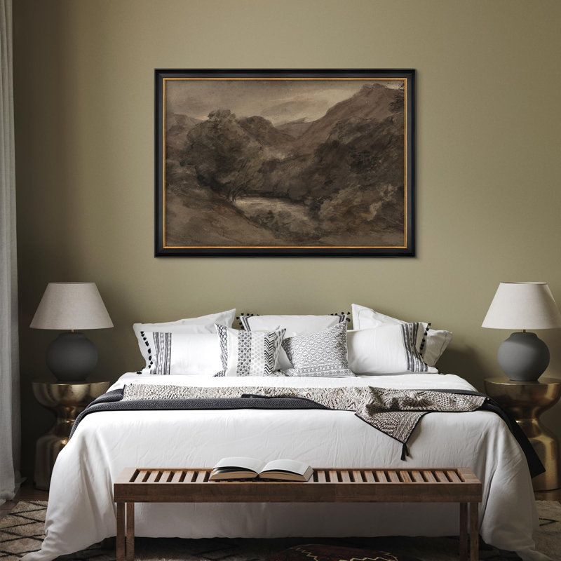 Moody Landscape with River and Hills Illustration Impressionism, art mural encadré, Non