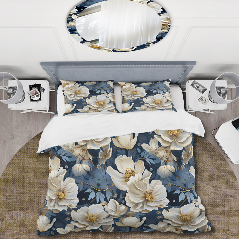 Ensemble de housse de couette à motif floral beige et bleu campagnard, Housse de couette pour très grand lit et 2 très