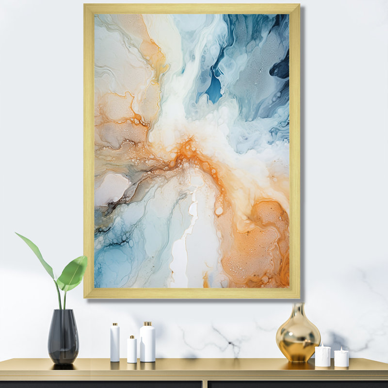 «Blue and White Geyser», encre liquide - formes abstraites, art mural sur toile, H 32 po x l 16 po x P 1 po